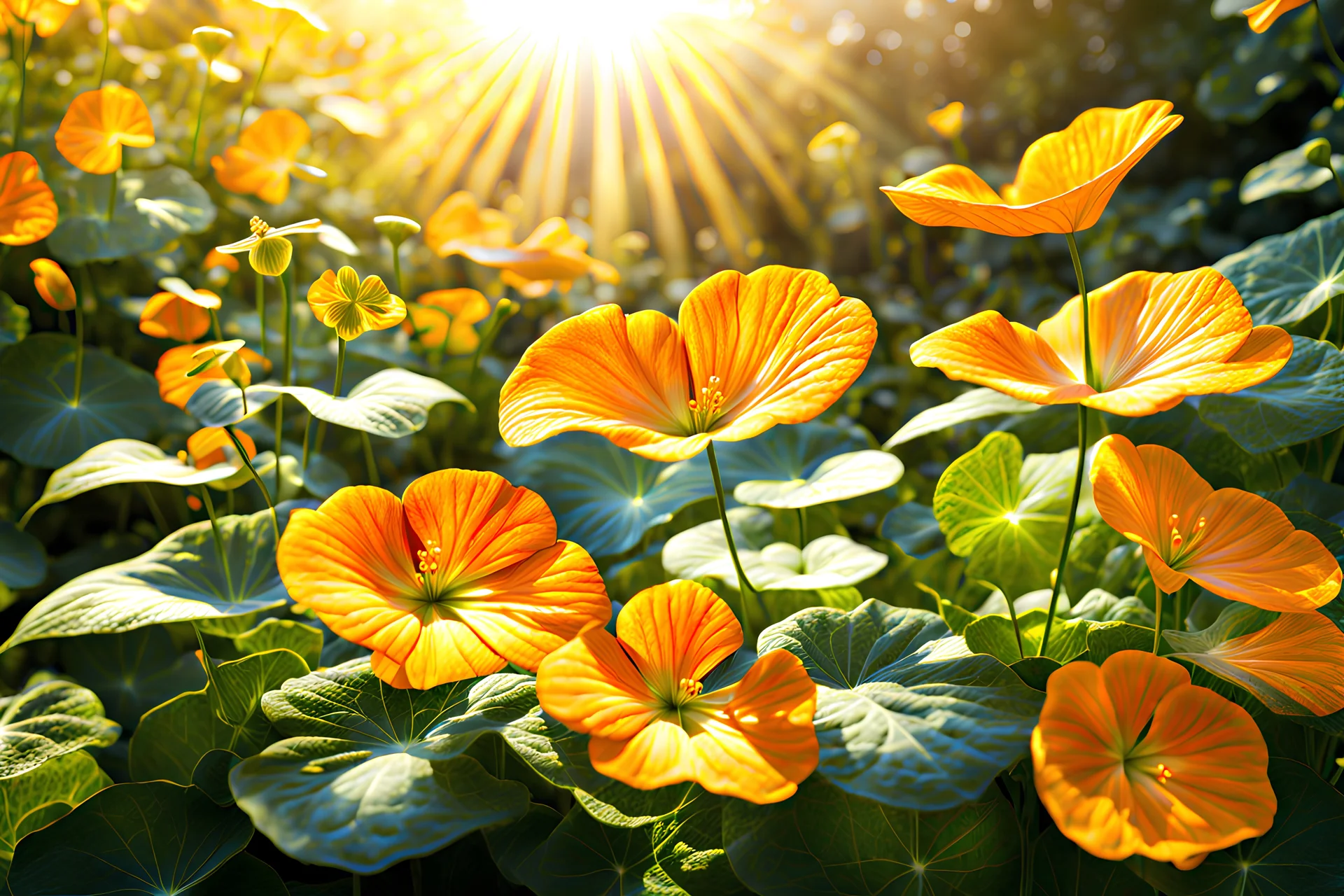 yellow, orange, gold light effects colors, magic garden with nasturtium flower, clear sunny light, highly detailed, high contrast, 8k, high definition, realistic, concept art, sharp focus