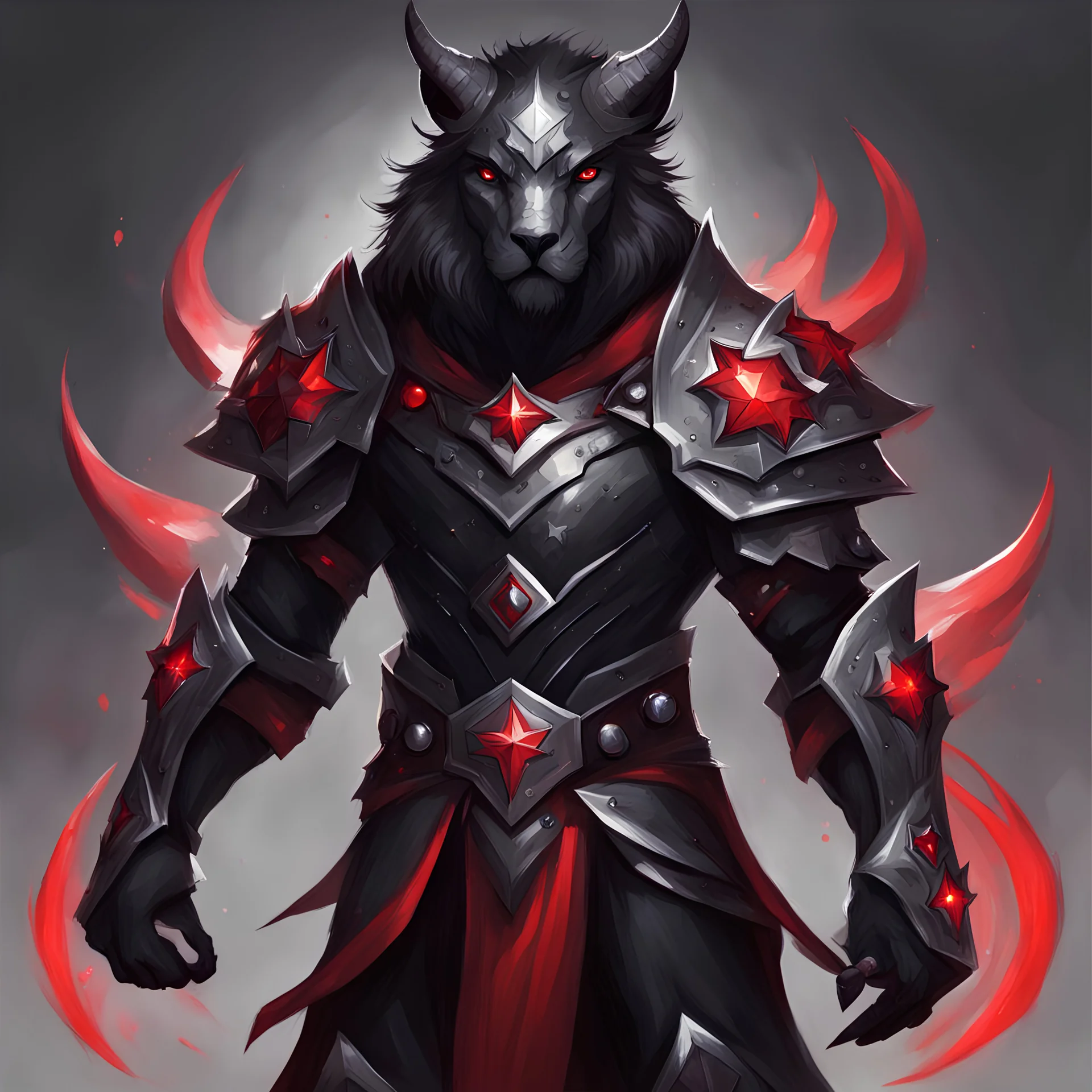 Beastmaster in Antimagic armor ebony black and dark gray with silver and a red half cape and red star gems, they summon a beast that is immune to all magic, in illustrative art style