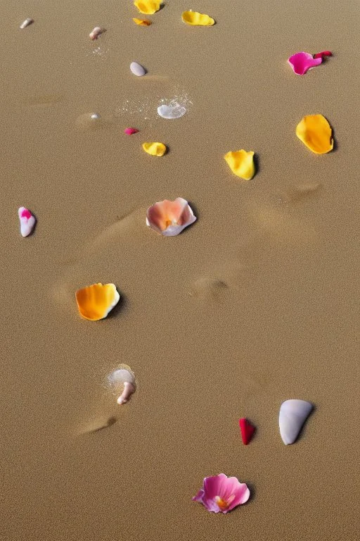 Human footprints, shells and flower petals scattered in the sand on the beach Hyper realistic, oil on canvas award winning fantastic view ultra detailed acrylic art Ultra realistic Impressionism Surrealism simen johan, sharp focus intricate oil on canvas cinematic lighting photorealistic high detail ultra detailed crisp quality colourful in sunshine