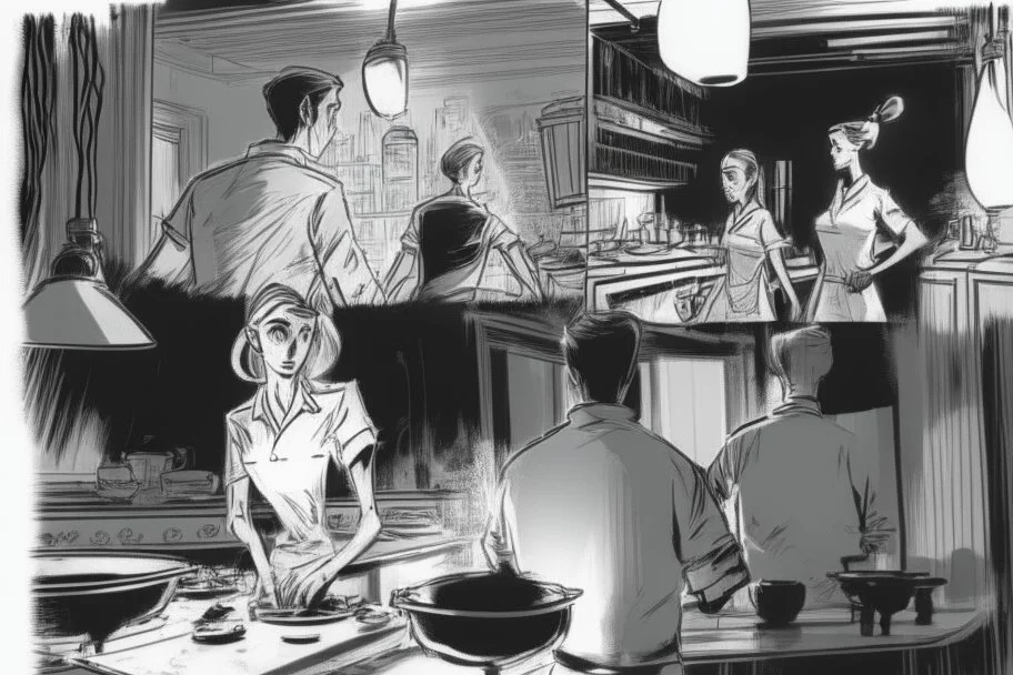 black and white storyboard, couple on foreground, we don t see them well because they are close to the camera but between them in the middle we see 3 chefs, scattered throughout the kitchen cooking, frying, cutting