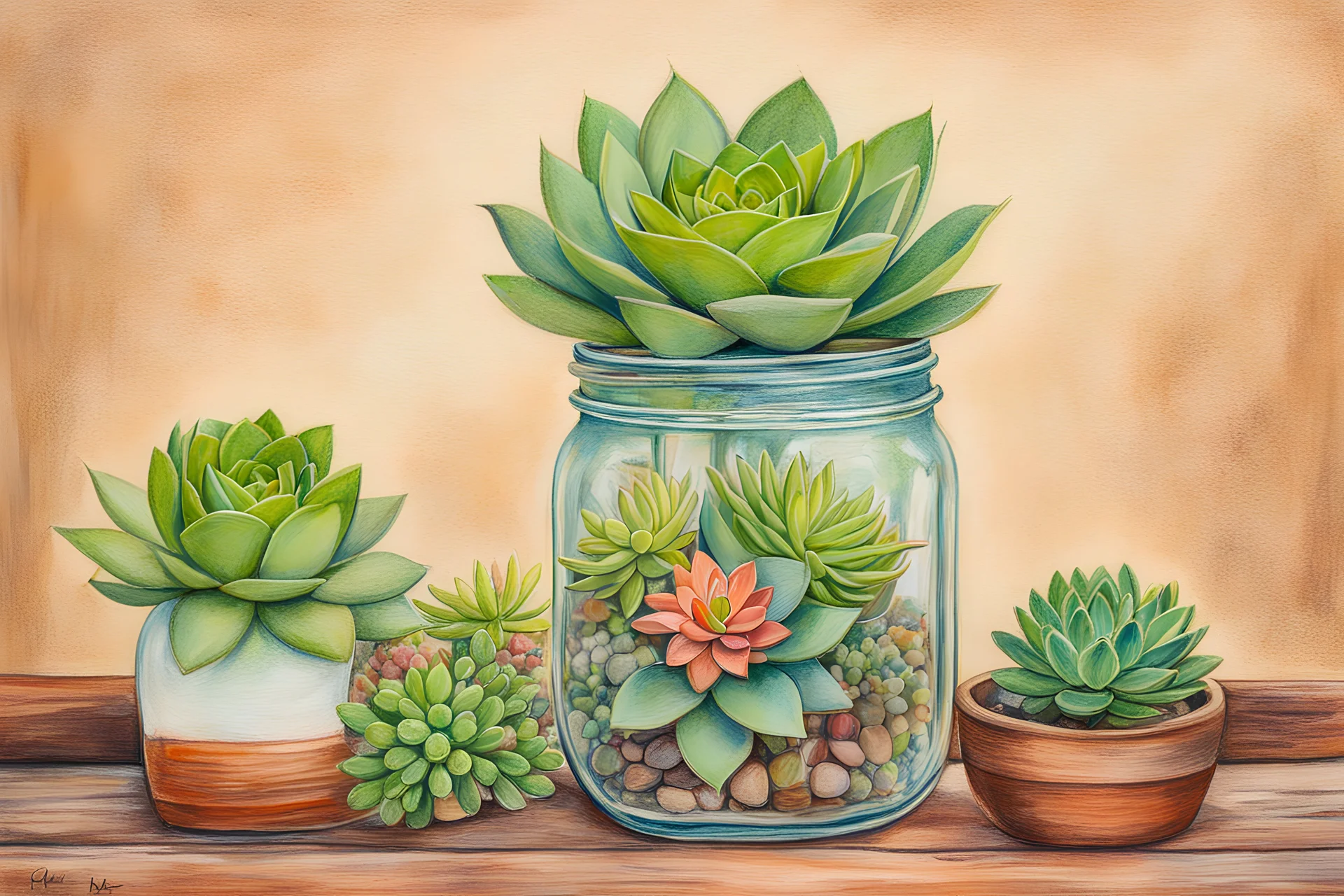 mason jar, flowering succulents, rustic, border of botanicals, colored pencil drawing