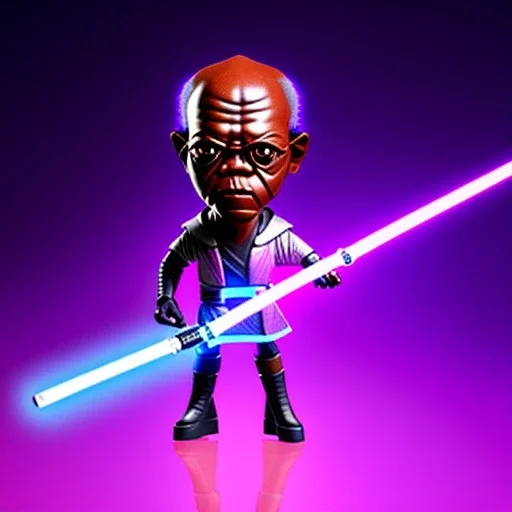 Hairless Samuel jackson purpleGlow jedi bobblehead holding a Single (purple) lightsaber sword and boots