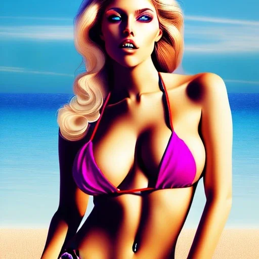 retrato de mujer guapa voluptuosa rubia en playa en bikini