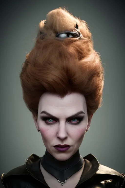 Hannah Waddingham as evil queen in black leather, busty, cleavage, voluptous, rebecca Welton, angry, stern look. character design by cory loftis, fenghua zhong, ryohei hase, ismail inceoglu and ruan jia. unreal engine 5, artistic lighting, highly detailed, photorealistic, fantasy