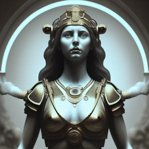 a greek marmor statue of athena, steam punk, scary, horror, realistic, made in octane, cinematic, movie, CGI, ultra-realistic, extremely detailed octane rendering, 8K, VRAY Super Real ar 2:3, dof photorealistic futuristic 50mm lens hard lighting dark gray tintype photograph, realistic lighting, sephia colors