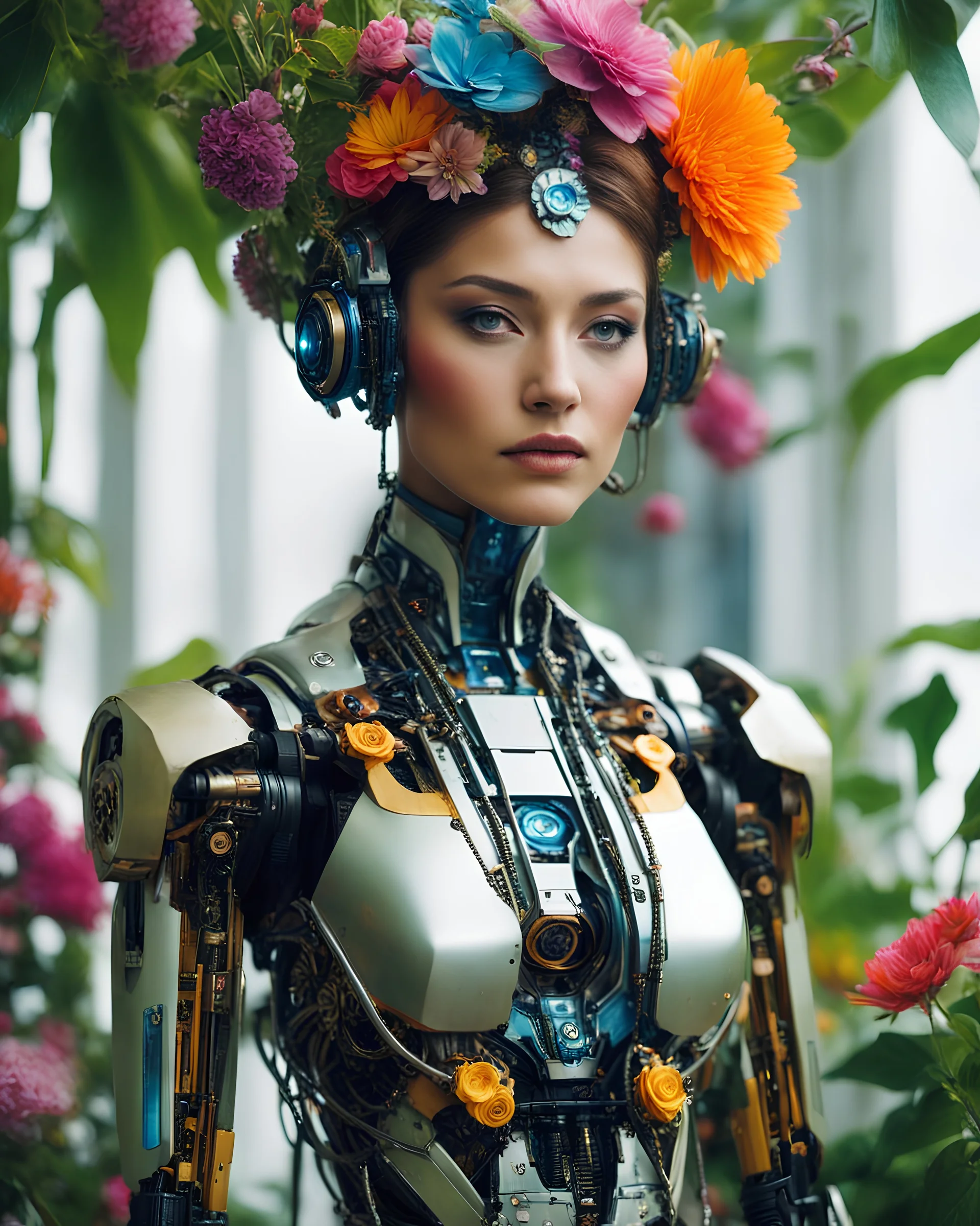 Length picture photography realistic pretty woman super model in custom humanoid futuristic robotic mechanicals flowers plants weird MAYA RICH goddess, COLORFUL