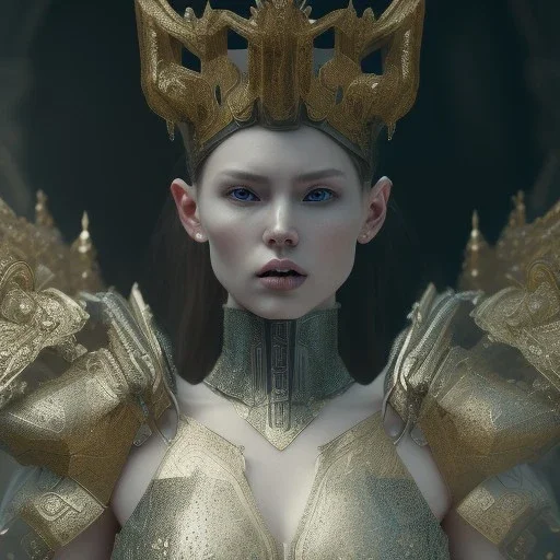 badass female queen of war, beautiful figure, wearing hyper detailed armor,sparkle, sharp focus,macro lens, intricate filigree metal design, full body portrait, cinematic, unreal engine 5, 8k, hyper realistic. Volumetric lighting, unreal engine 5 ,hyper elegant,hyperphotorealistic, epic composition,bokeh, cinematic lighting, hyperphotomaximalist, masterpiece