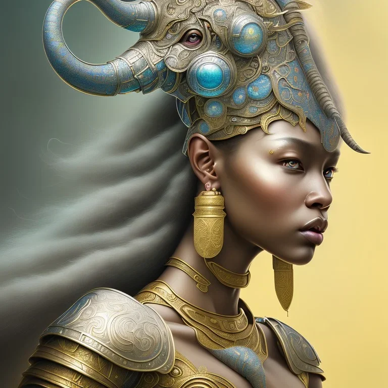 Sango fantasy, fantasy magic, intricate, sharp focus, illustration, highly detailed, digital painting, concept art, matte, art germ and Paul Lewin and Kehinde Wiley, masterpiece silver elephant head bronze Asian African girl nice breast Hawaiian hair turquoise golden waves