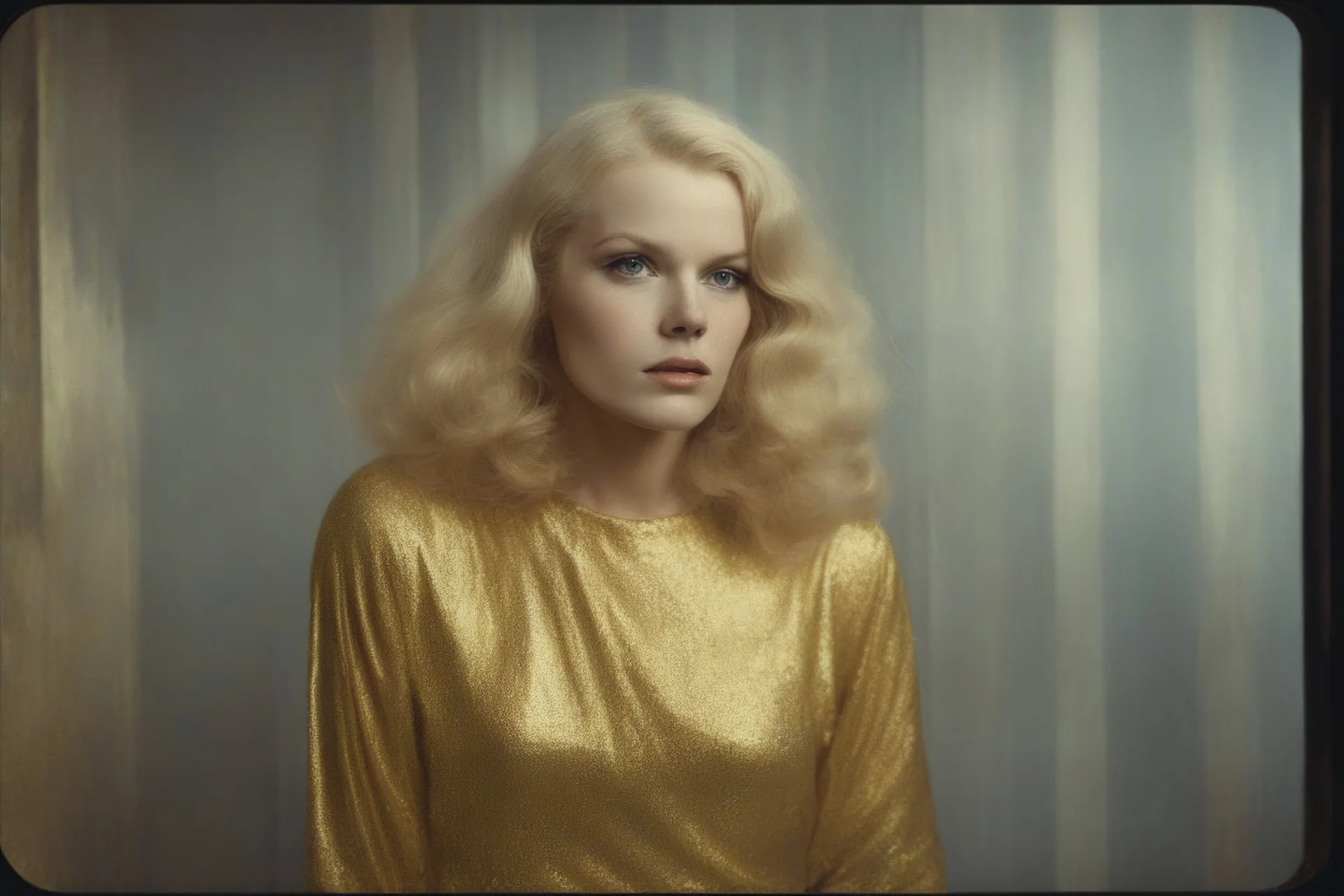 Actress Carroll baker , without a face, , hippie girl, gold paint,, in a liminal empty room, old autochrome
