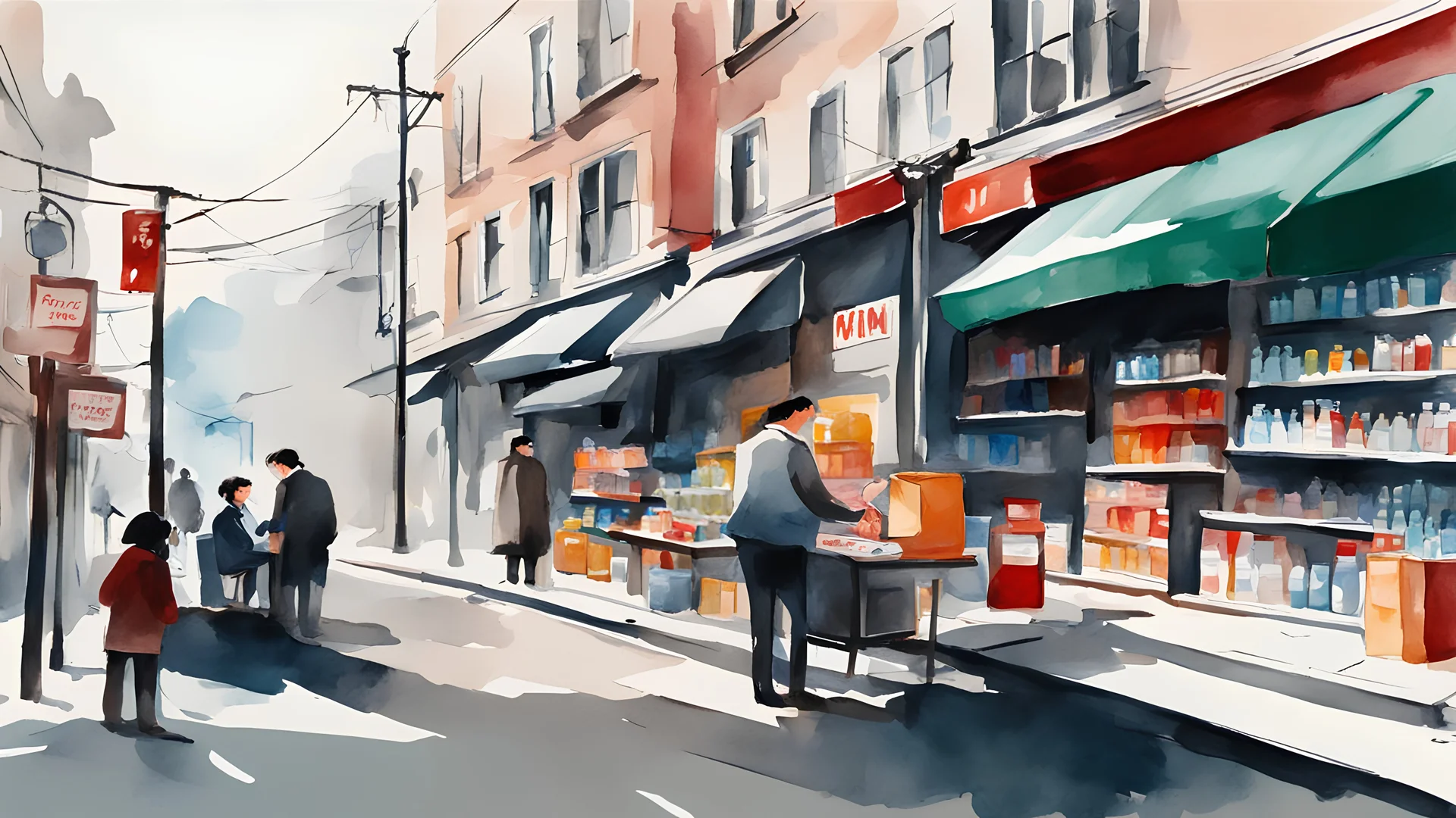 Water color Painting, Vector. Minimal. buy medicine Expensive. pharmacy. woman. Iran. new yorker. Street. salesman Weekly market