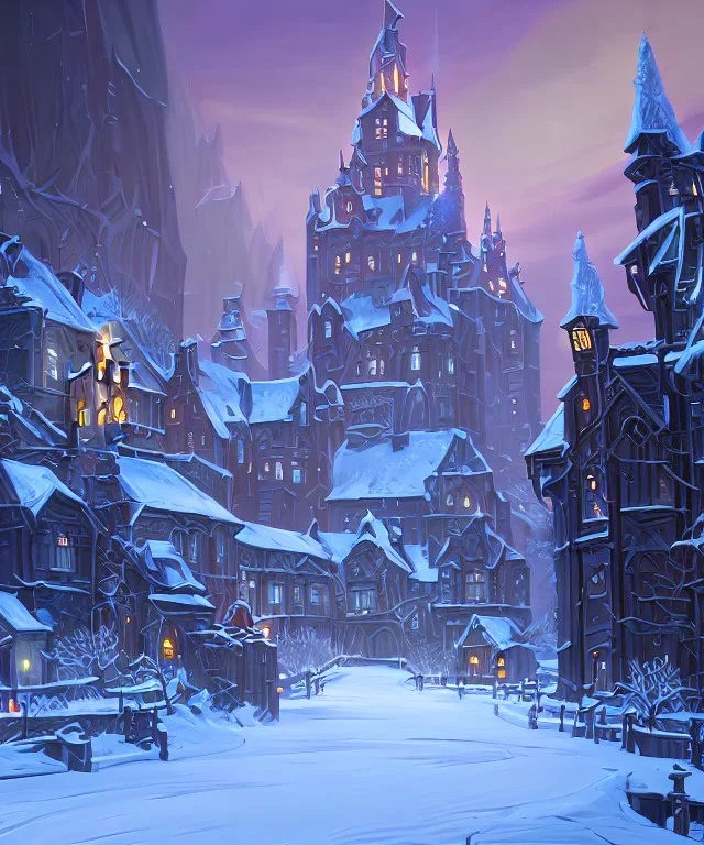 A magical snowy warlock castle with river canals in Christmas time