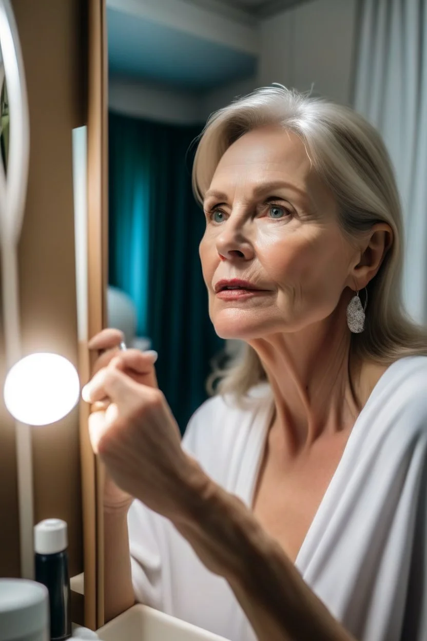 make a picture of a white woman in her forties that uses her facial cleanser to remove her make up. she stands in front of her mirror in her bathroom
