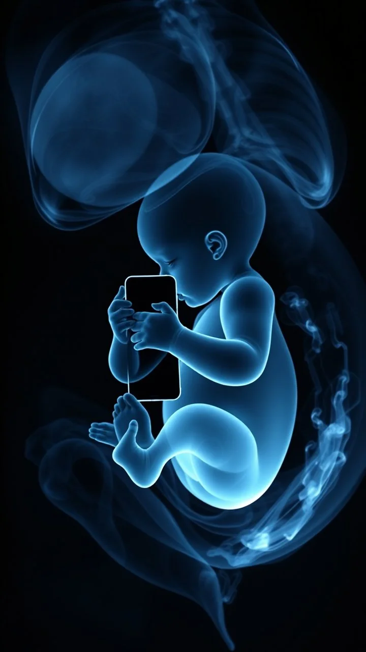 An X ray picture of a unborn baby inside his mother’s belly, holding an iPhone