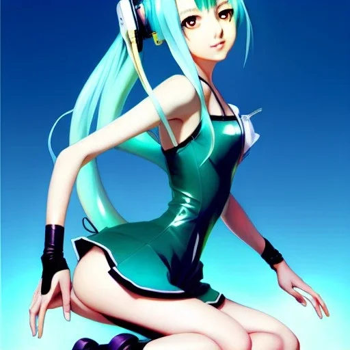 Anime art of beautiful Hatsune miku with beautifel legs by artgerm, ross tran, magali villeneuve, Greg Rutkowski, Gil Elvgren, Alberto Vargas, Earl Moran,, Art Frahm, Enoch Bolles