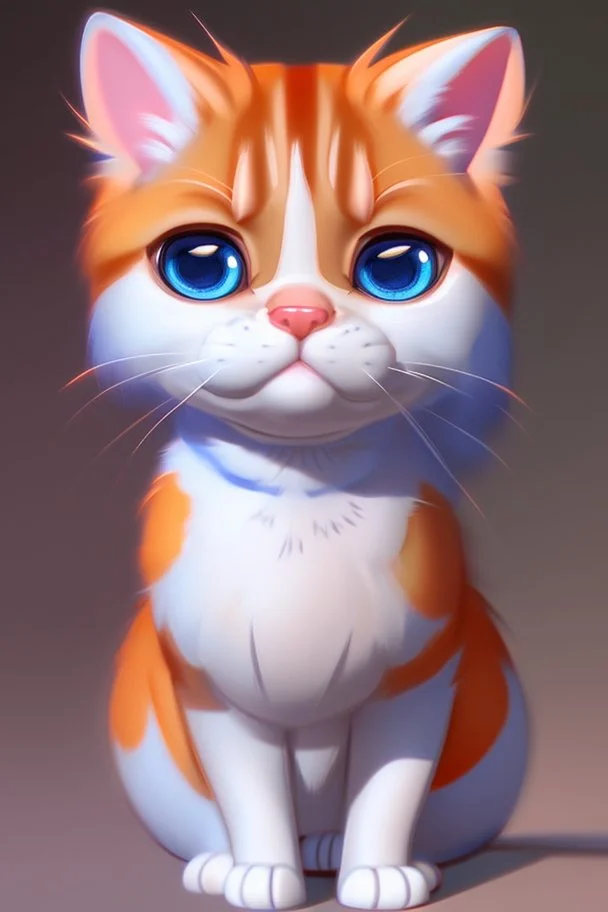 Blue and orange chibi pixar cats with big lifelike eyes and flowers