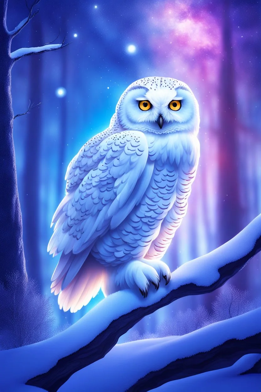 Beautiful snow owl in a magical forest with magical cosmic sky.