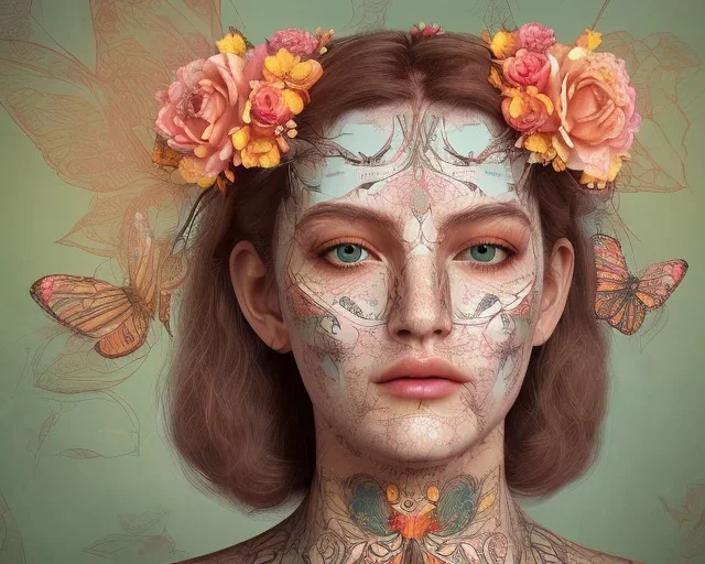 upper bust portrait, the queen of butterflies, coloured paint like butterfly wings on face in symmetrical pattern, intricate metal work flower crown, in a field of roses, 8k resolution concept art, dynamic lighting, intricately detailed, hyperdetailed, beautiful, ethereal, elegant, golden hour, (butterfly), gothic