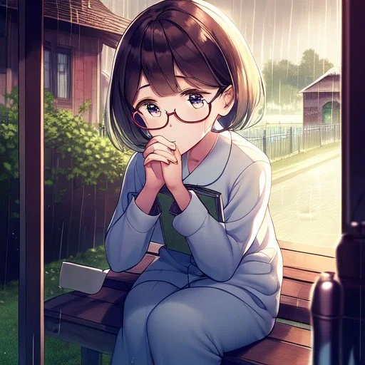 anime girl sitting on a porch swing of an old house, journaling, wearing pajamas, writing in a book, shes watching it rain, more detail on hands and her face,shes deep in her thoughts, wearing glasses, rain drops, she has a pencil in her hand and is writning in the book, she is looking down at what she is writing, lightning