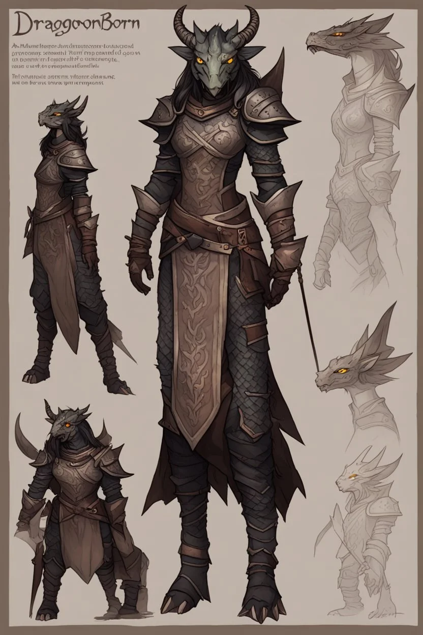 a female dragonborn OC reference sheet, lightly armored