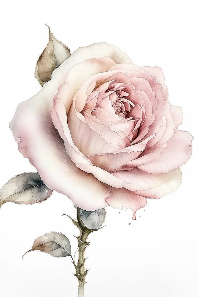 clipart , rose, white background, watercolor, side view, drawing , realism, beautiful, delicate shades, beige, powdery, pink, pale pink, sequins, shimmer, 3d effect, careful drawing of details, volumetric watercolor, aesthetically pleasing, professional photo, realistic photo, hyperdetalization