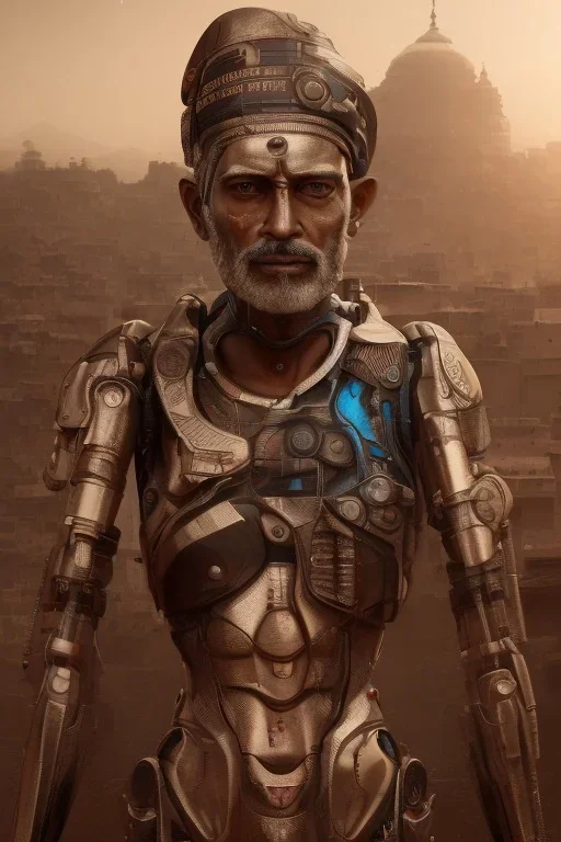 a full scene portrait from the streets of India, Cyborg, futuristic, sharp , cinematic, detailed, pleasant colors grading