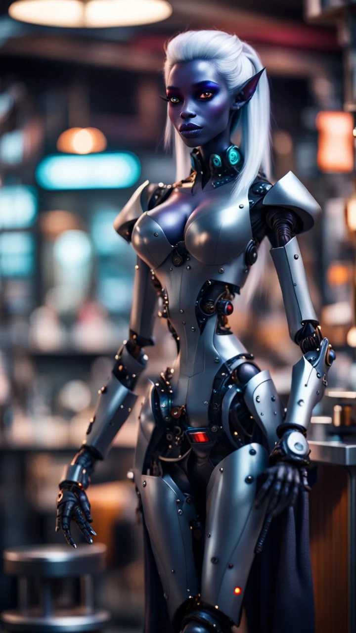 full body portrait of robotic dark elf drow princess chilling at the metro barber shop tool shed,bokeh like f/0.8, tilt-shift lens 8k, high detail, smooth render, down-light, unreal engine, prize winning