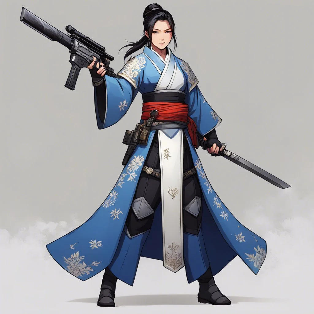The guardian stands tall, Kimono turned combat gear, Beauty wields power. A weapon in each hand: Skillful hands at work,Firearm and blade in balance, Enforcer's resolve. Her strength emanates, Ancient grace meets modern might, she attacks