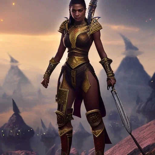 Full body, fantasy setting, heroic fantasy, woman, dark skin, Indian, 20 years old, half-hawk haircut, magician, warrior, hourglass body shape, bicolor hair, muscular, cinematic, Arabian clothes, insanely detailed