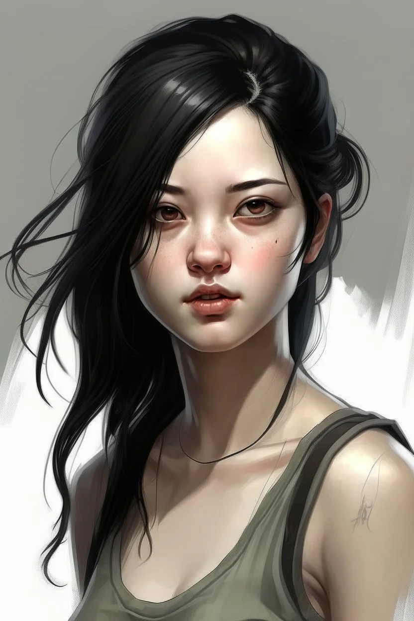 pretty girl, aged 15, black hair, dystopia, athletic, realism