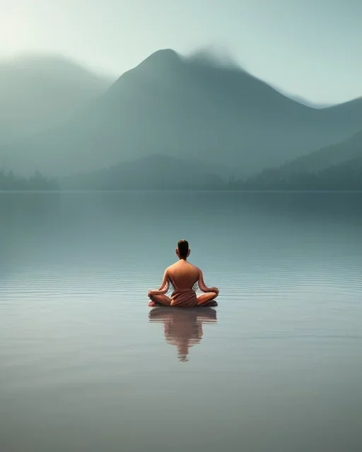 person meditating floating above water with mountains in the background