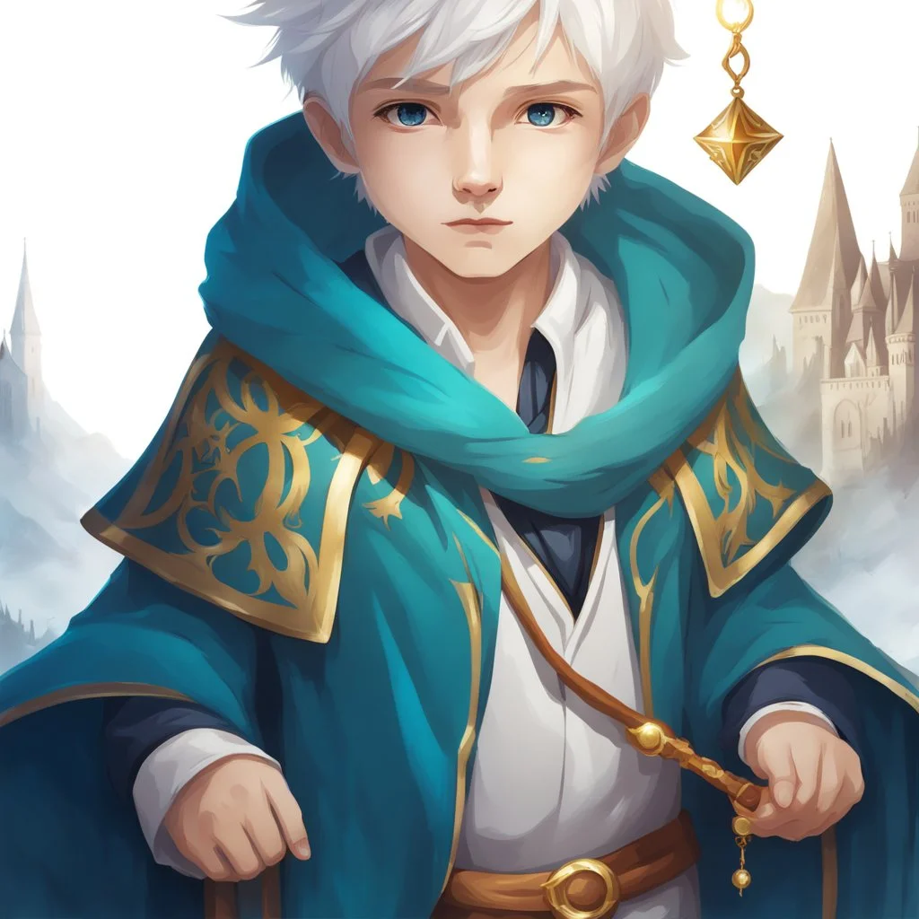 Fantasy World, A boy only wearing a closed wizards robe, and wearing a wizards hat. White Hair. Golden Eyes