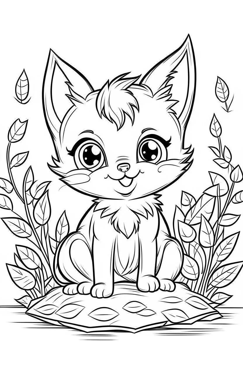 cute coloring page, sketch style, cute baby cat in the wood, cartoon, white and black, withe background, no shadows, outline.