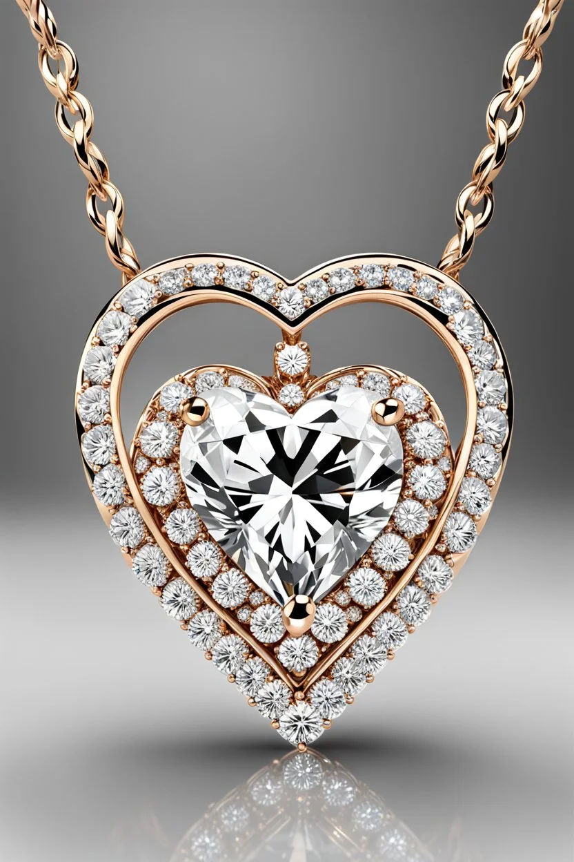 Create a visually stunning and luxurious image of a diamond necklace with a big symmetrical heart shape diamond at the center and 3 layers loops of small round diamonds around it