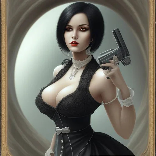 beautiful women wearing a maid dress, black hair, cursed eyes, holding a gun