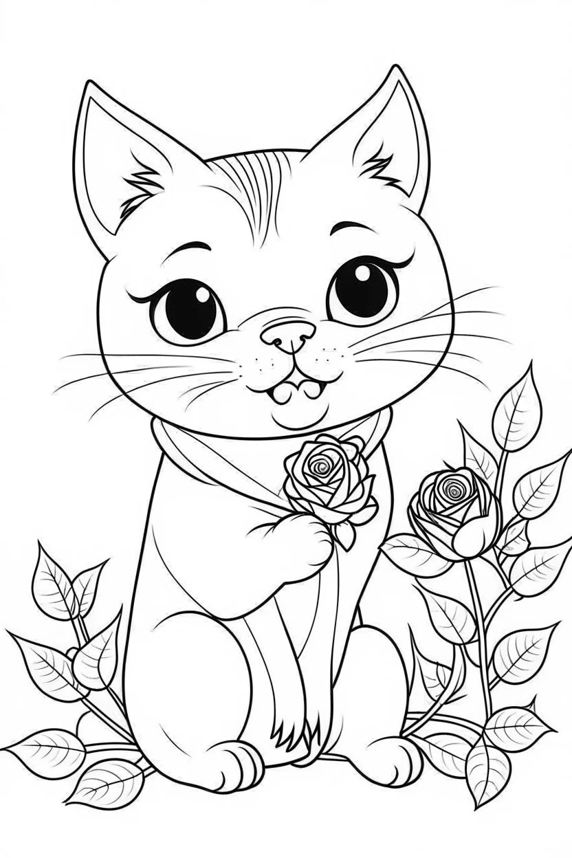 Coloring page for kids with a cute kawaii cat smelling a rose flower, black lines and white background