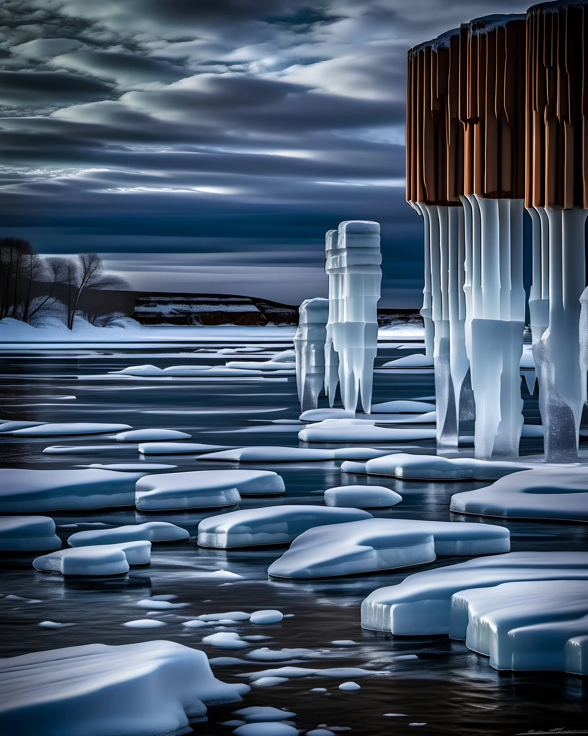 A super high-resolution 2 terapixel photograph of the Apostle Islands National Lakeshore in January. The scene captures the dramatic ice formations along the shoreline and the frozen waters of Lake Superior. The ice caves, accessible only in winter, offer a spectacular display of icicles and frosty structures. Captured with a Nikon Z7 II and a 24-70mm f/2.8 lens, focusing on the stark, ethereal beauty of the frozen lake and caves.