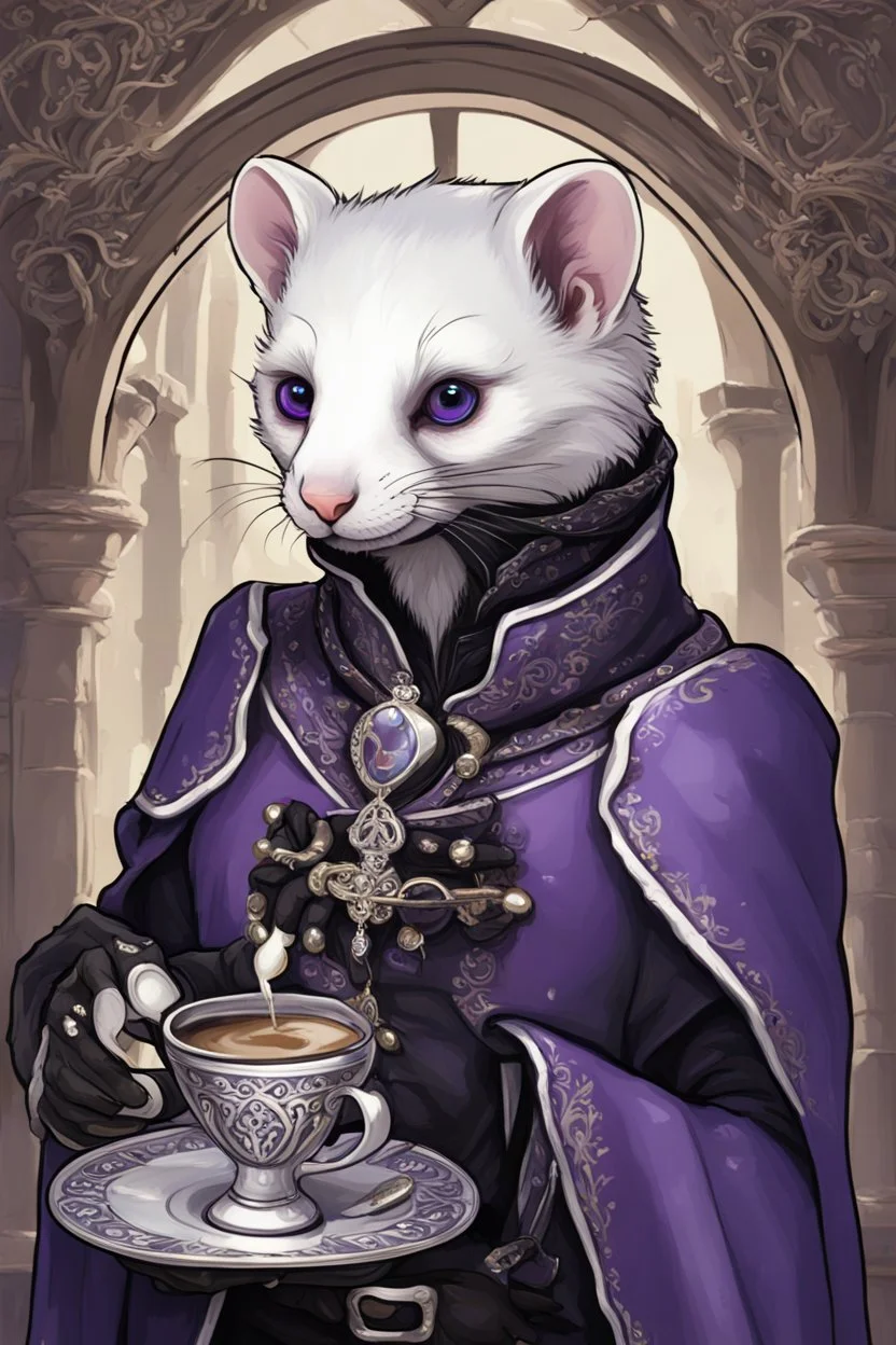 (anthropomorphic white ferret),dressed in ((cleric fantasy)) black and purple clothes with silver holy ornaments, realistic anatomy, fantasy tavern on background, mage and holy symbols around, serious face, hold cup of coffe, tired face, in the style of LOISH, look at the vivewer, blue eyes, cute face