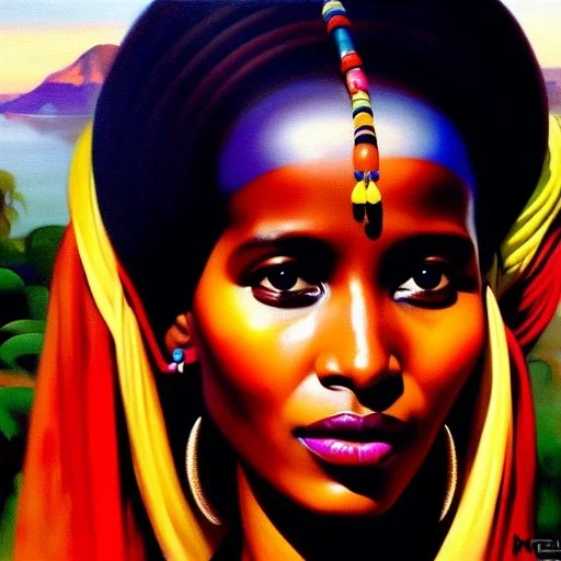 Drawing of 'woman from Wodaabe tribe',sweet stare,painting by Earl Norem, simon Bisley,frazetta,西嘛哒, evan lee, Vallejo,kelly,Paul Gauguin oil on canvas, cinematic composition, extreme detail,fit full head inside picture,8k