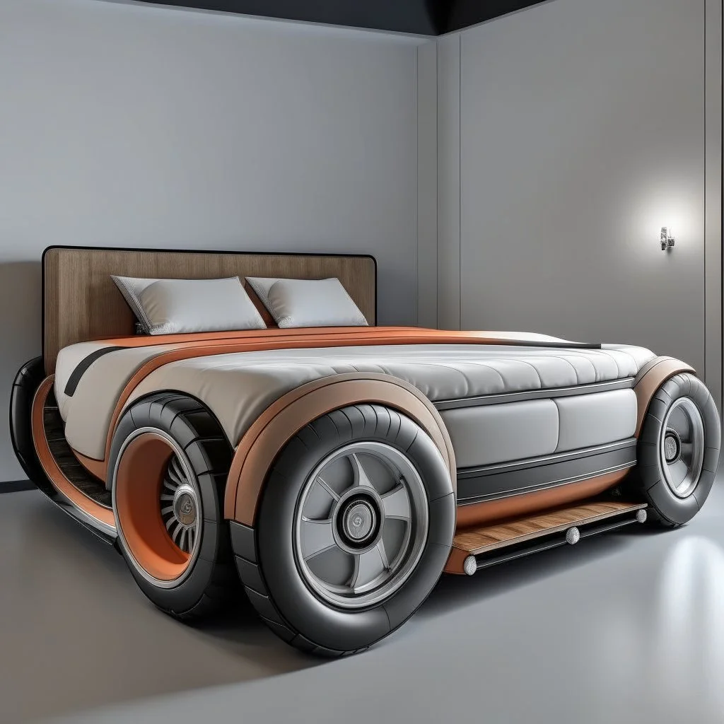 A bed with car wheels and a car belt on it