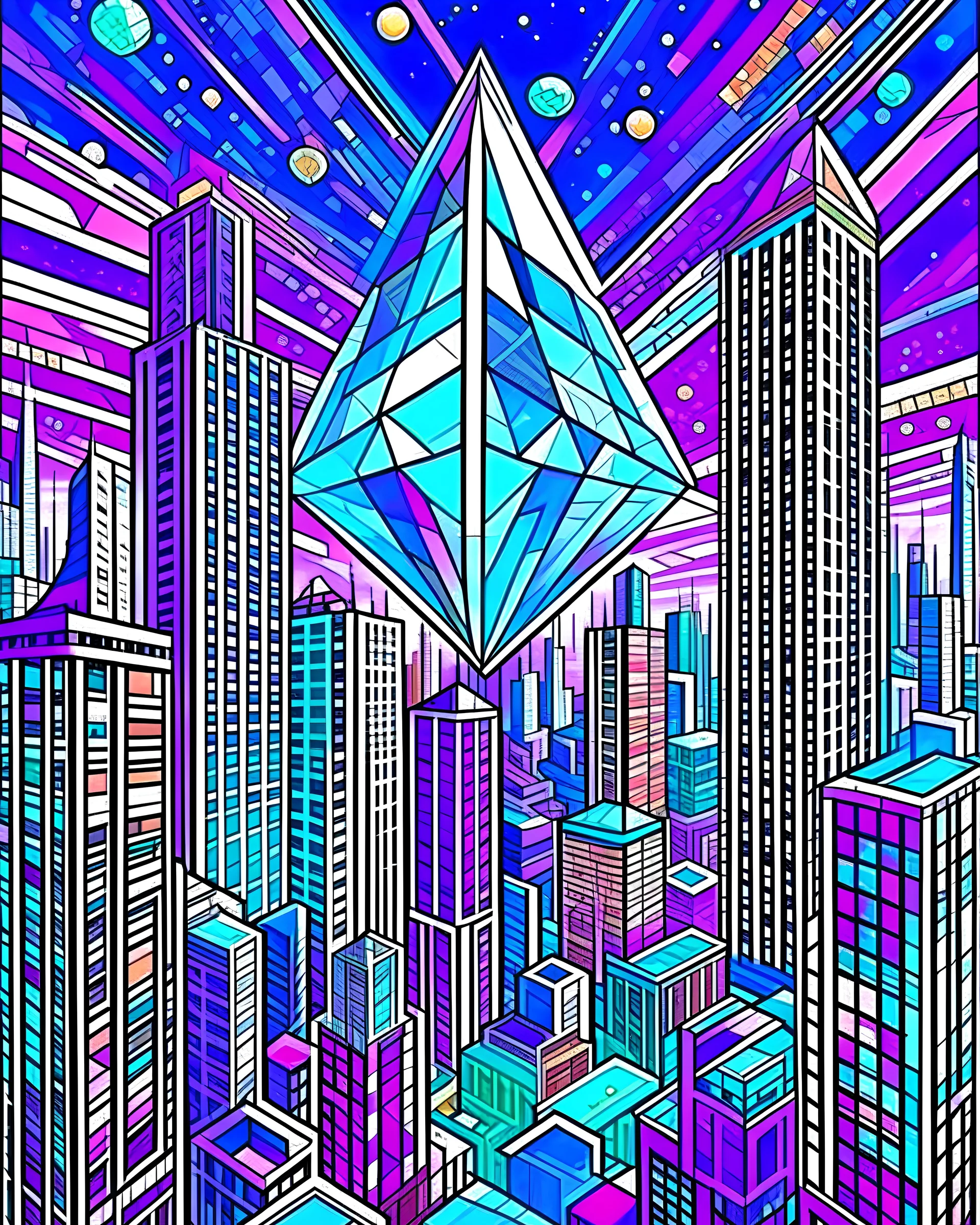 Ethereum Superweapons in an imaginative landscape of a futuristic metropolis in an ethereum gas war with towering skyscrapers, advanced transportation systems, and vibrant public spaces, in the style of cubism, geometric shapes, bold colors, and multiple perspectives, influenced by the works of Pablo Picasso and Georges Braque, envisioning the possibilities of urban life in the future.