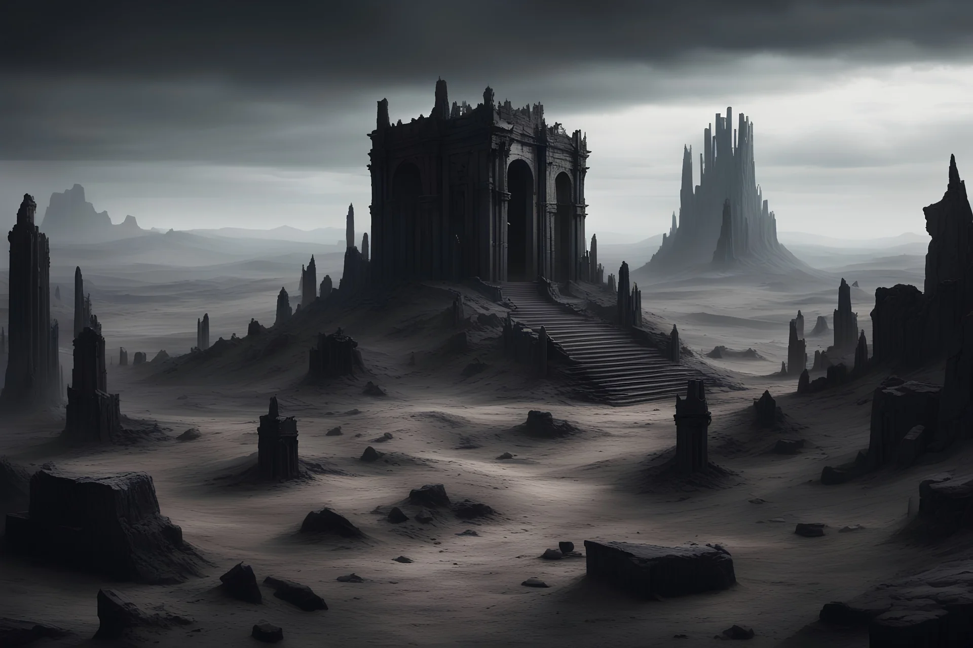 dark creepy fantasy mausoleum ruins in the distance on top of a very large barren rocky hill with black obsidian pillars