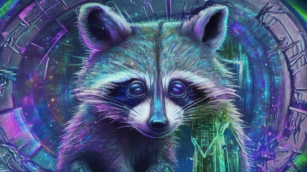 Graffiti trash panda; neo-surrealism dystopian eldritch elegant fantastical intricate hyperdetailed holographic magnificent meticulous mysterious ominous