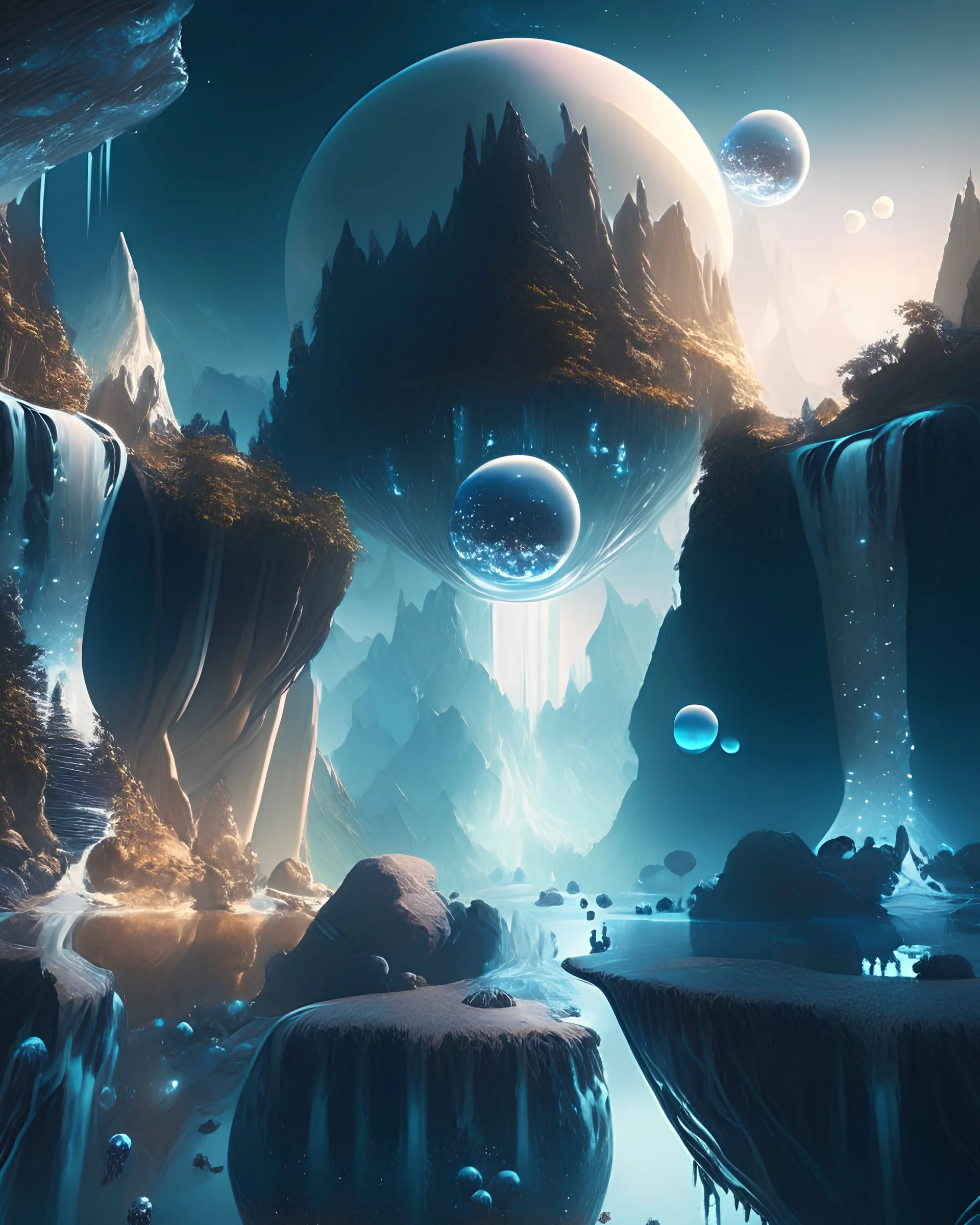 A mesmerizing landscape where gravity is defied, with floating islands adorned with intricate crystal formations and cascading waterfalls that flow both up and down. Mysterious, glowing orbs illuminate the scene, casting ethereal shadows across the dreamlike terrain. Ultra-HD and high resolution create a captivating and surreal image.