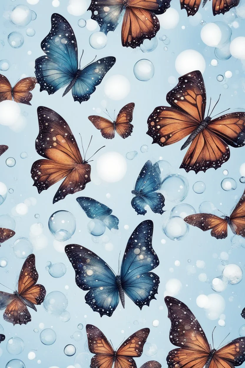 Butterflies and bubbles flying up to the sky in winter wonderland