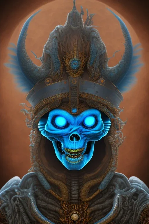 blue alien, head, evil, red eyes, weapons, blood, 8k, finely detailed, photo realistic, HR Giger style turquoise skull head gold dragon Mexican alien moon skeleton sombrero hat Black background