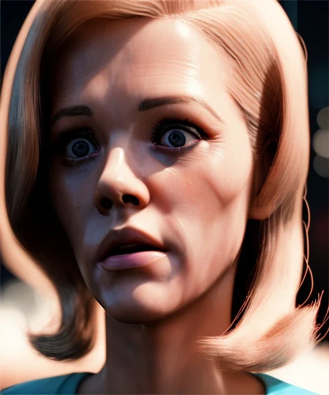 Ultra Realistic retro sci-fi movie Supermarket parking scene, 1960 year, waist up view portrait, 2 clones blonde women, sweet teenager Jane Fonda face, perfect iris, glow eyes, face makeup, tight latex coat, Scare people background, Retro sci-fi style, soft color, highly detailed, unreal engine 5, ray tracing, RTX, lumen lighting, ultra detail, volumetric lighting, 3d, finely drawn, high definition, high resolution.