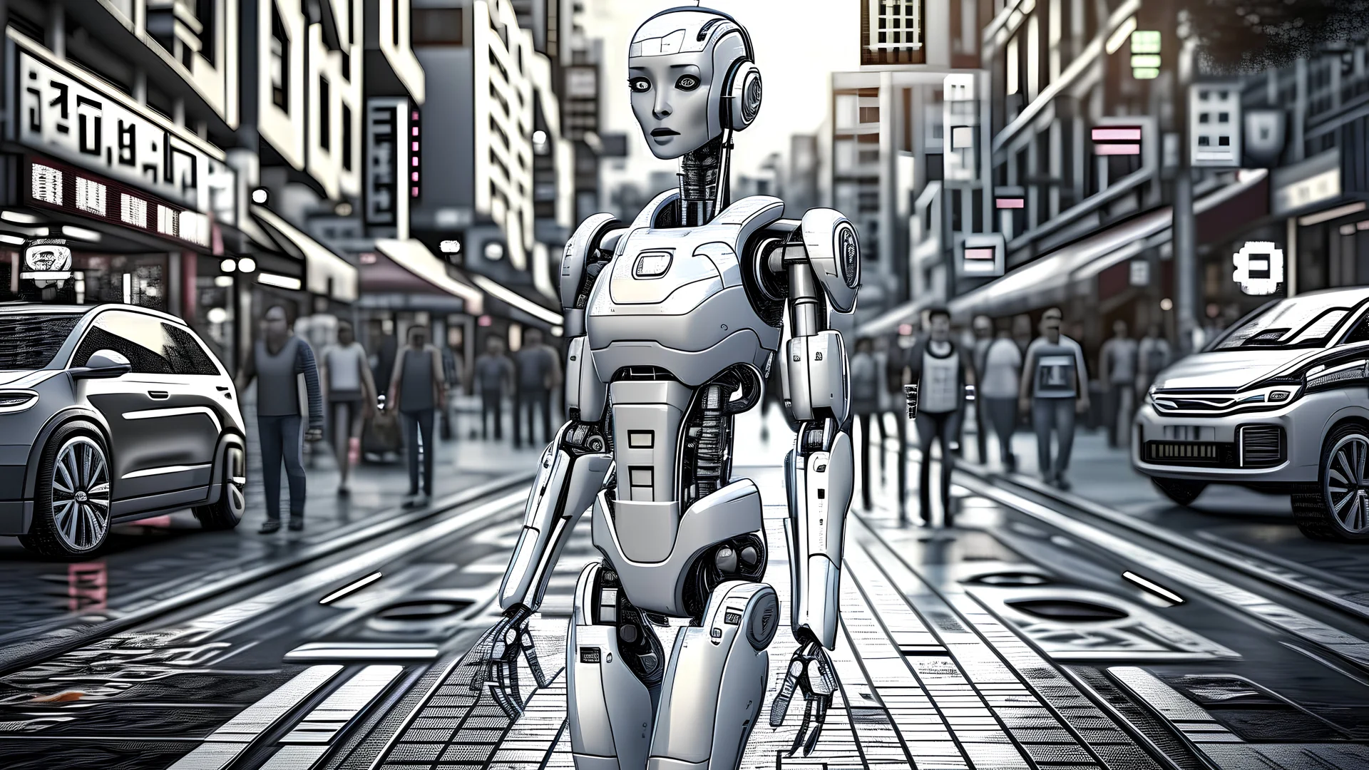 female robot, in a street, shops, cars, people