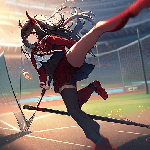 Clear focus,High resolution, Black long hair, Red eyes, Red horns, Wearing a black and red sailor uniform, Swinging a baseball bat, Looking away from the viewer, Full body, Kicking