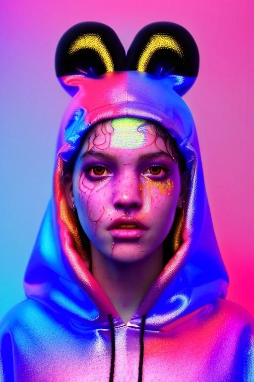 Ultra Realistic image, Rosalía artist, portrait, waist up portrait, long black eye line, sweet face, inflatable hoodie, gold pink and blue style, spray glow make up, led lights, neon, rings piercing nose, led ornament, fog, bubble latex coat, vibrant color, highly detailed, art stations, concept art, smooth, unreal engine 5, god rays, ray tracing, RTX, lumen lighting, ultra detail, volumetric lighting, 3d, finely drawn, high definition, high resolution.