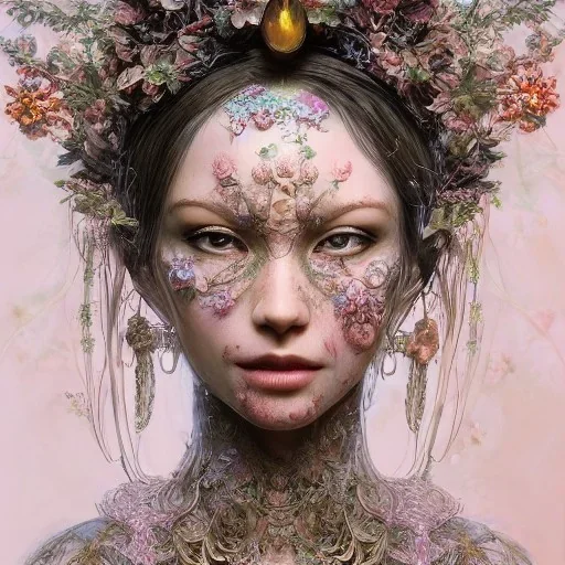 Insanely detailed photograph of an “portrait of gorgeous spring goddess ” with intricate hair, intricate embroidered dress, beautiful clear face and hyperdetailed painting by Ismail Inceoglu Huang Guangjian and Dan Witz CGSociety ZBrush Central fantasy art album cover art,8K, hdr, romantic, mysterious, ominous, beautiful flowers, jewelry, comfort, natural eyes, "arms open for embrace", naked,tasteful